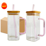 China RTS_13.5oz 400Ml Clear Square Glass Mug with Clored Handle with Bamboo Lid Sold by Case-GGblanks