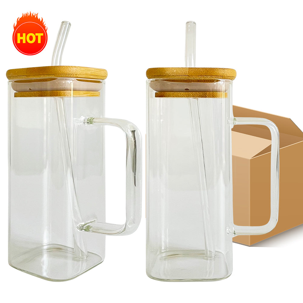 China RTS_13.5oz 400Ml Clear Square Glass Mug with Clored Handle with Bamboo Lid Sold by Case-GGblanks