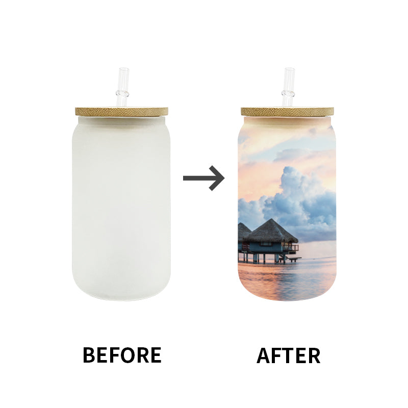 China RTS_12oz Sublimation Blanks Clear Frosted Beer Soda Glass Can With Bamboo Lid And Plastic Straw Sold By Case-GGblanks