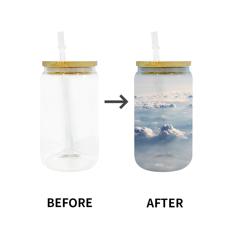 China RTS_12oz Sublimation Blanks Clear Frosted Beer Soda Glass Can With Bamboo Lid And Plastic Straw Sold By Case-GGblanks