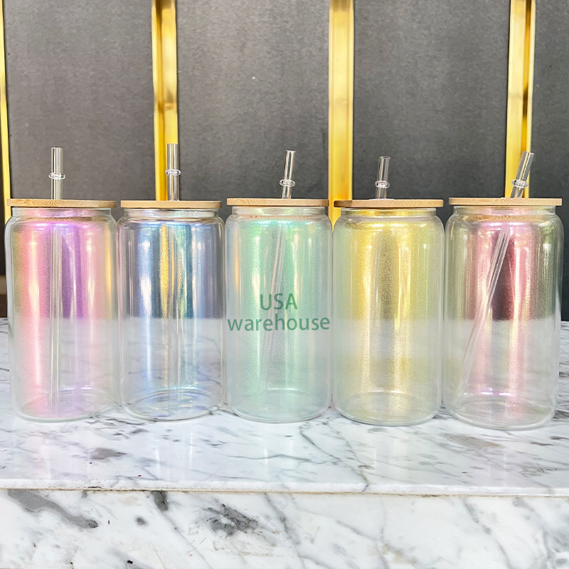 35 Pack 20oz Blank Sublimation Mixed 5 Colors Iridescent Beer Glass Can With Bamboo Lid And Plastic Straw_GGblanks