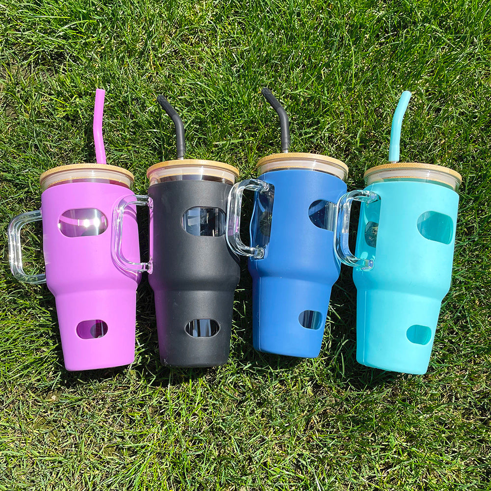 China RTS_Free shipping Silicone Sleeve Bamboo Lid Cup with Time Marker Handle Straw Coffee Reusable Water Bottles Glass Tumbler-GGblanks