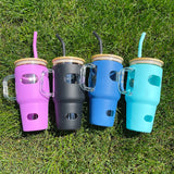 China RTS_Free shipping Silicone Sleeve Bamboo Lid Cup with Time Marker Handle Straw Coffee Reusable Water Bottles Glass Tumbler-GGblanks