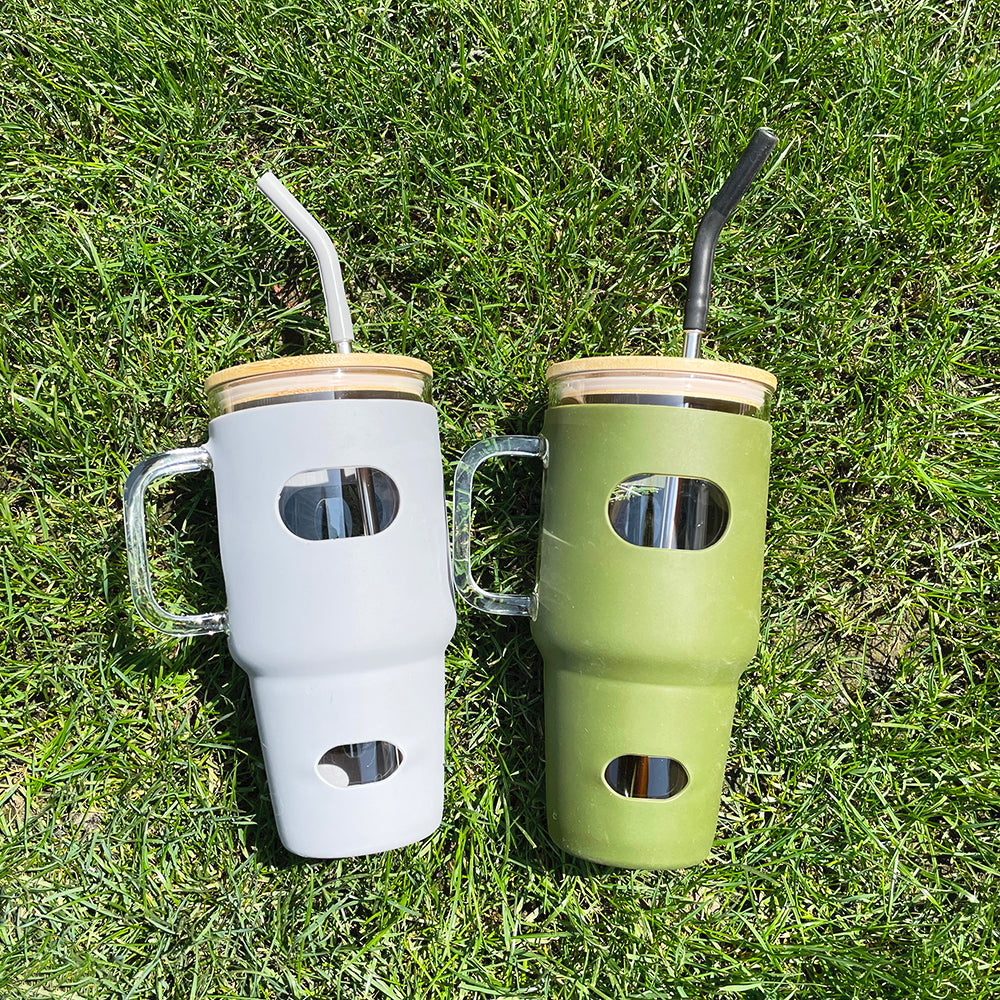 China RTS_Free shipping Silicone Sleeve Bamboo Lid Cup with Time Marker Handle Straw Coffee Reusable Water Bottles Glass Tumbler-GGblanks