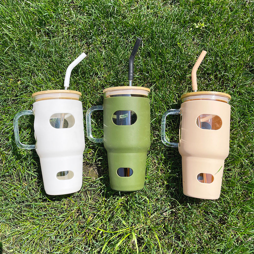 China RTS_Free shipping Silicone Sleeve Bamboo Lid Cup with Time Marker Handle Straw Coffee Reusable Water Bottles Glass Tumbler-GGblanks