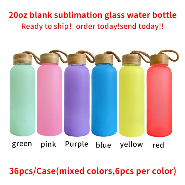 36 Pack 20oz Blank Sublimation Colorful Glass Bottle with Bamboo Lid and Rope_GGblanks