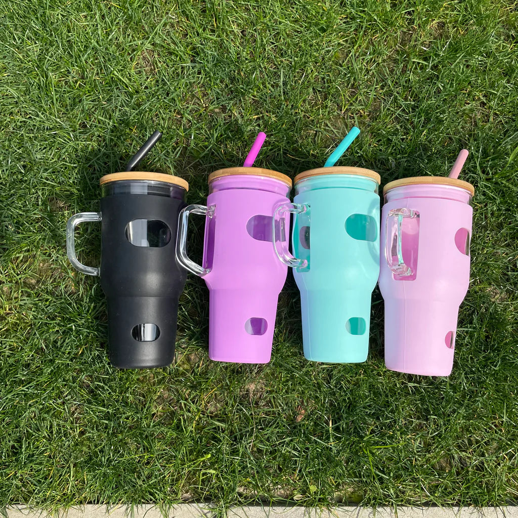 China RTS_Free shipping Silicone Sleeve Bamboo Lid Cup with Time Marker Handle Straw Coffee Reusable Water Bottles Glass Tumbler-GGblanks