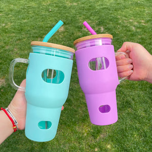 China RTS_Free shipping Silicone Sleeve Bamboo Lid Cup with Time Marker Handle Straw Coffee Reusable Water Bottles Glass Tumbler-GGblanks