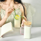 China RTS_13.5oz 400Ml Clear Square Glass Mug with Clored Handle with Bamboo Lid Sold by Case-GGblanks