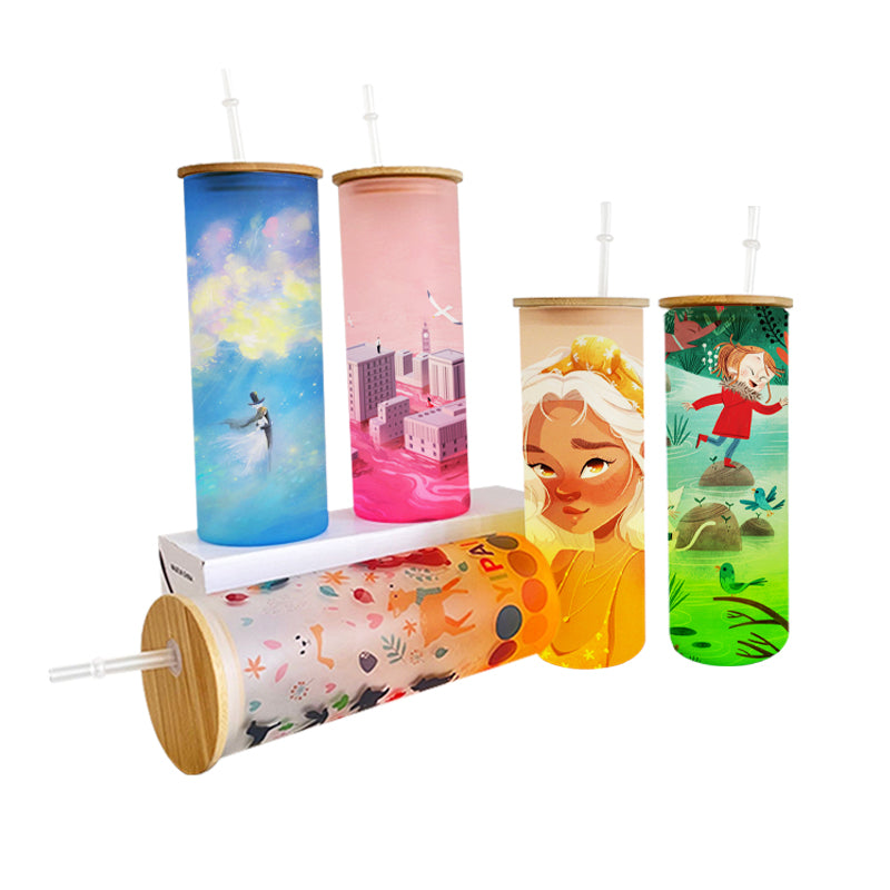 China RTS_25oz Blank Sublimation Colorful Gradient Straight Glass Tumbler With Bamboo Lid And Plastic Straw Sold By Case-GGblanks