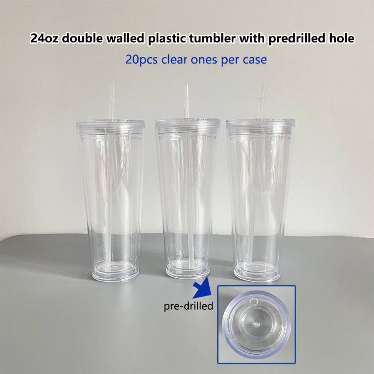 20 Pack 24oz Double Walled BPA Free Snow Globe Plastic Acrylic Cups with Lids and Straws_GGblanks