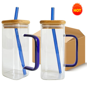 China RTS_13.5oz 400Ml Clear Square Glass Mug with Clored Handle with Bamboo Lid Sold by Case-GGblanks