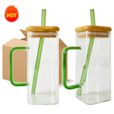 China RTS_13.5oz 400Ml Clear Square Glass Mug with Clored Handle with Bamboo Lid Sold by Case-GGblanks