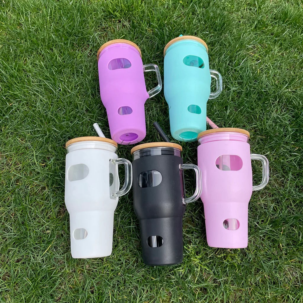 China RTS_Free shipping Silicone Sleeve Bamboo Lid Cup with Time Marker Handle Straw Coffee Reusable Water Bottles Glass Tumbler-GGblanks