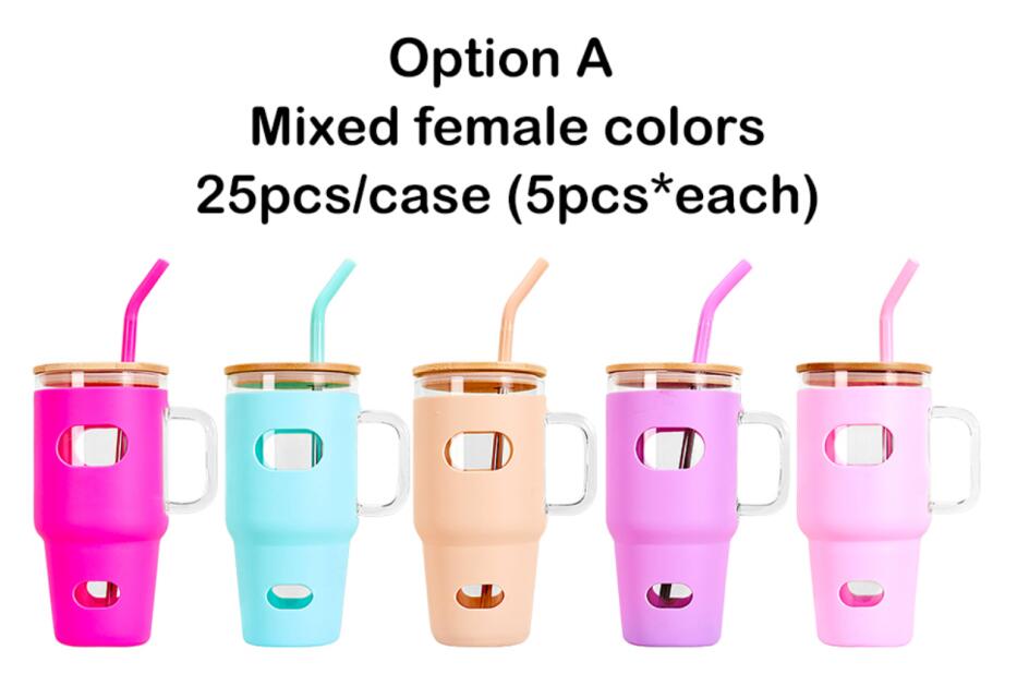 China RTS_Free shipping Silicone Sleeve Bamboo Lid Cup with Time Marker Handle Straw Coffee Reusable Water Bottles Glass Tumbler-GGblanks