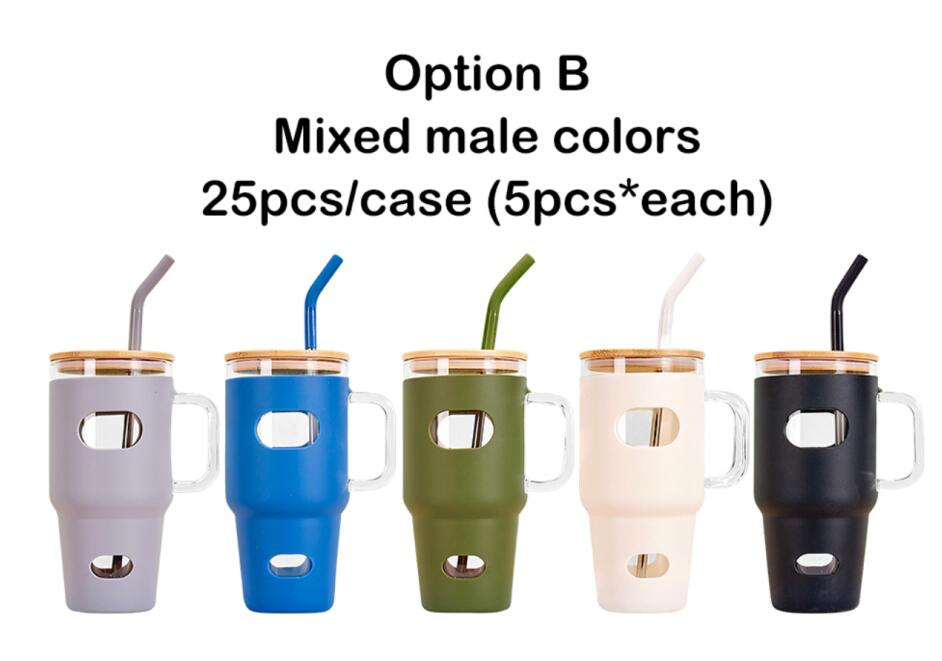 China RTS_Free shipping Silicone Sleeve Bamboo Lid Cup with Time Marker Handle Straw Coffee Reusable Water Bottles Glass Tumbler-GGblanks