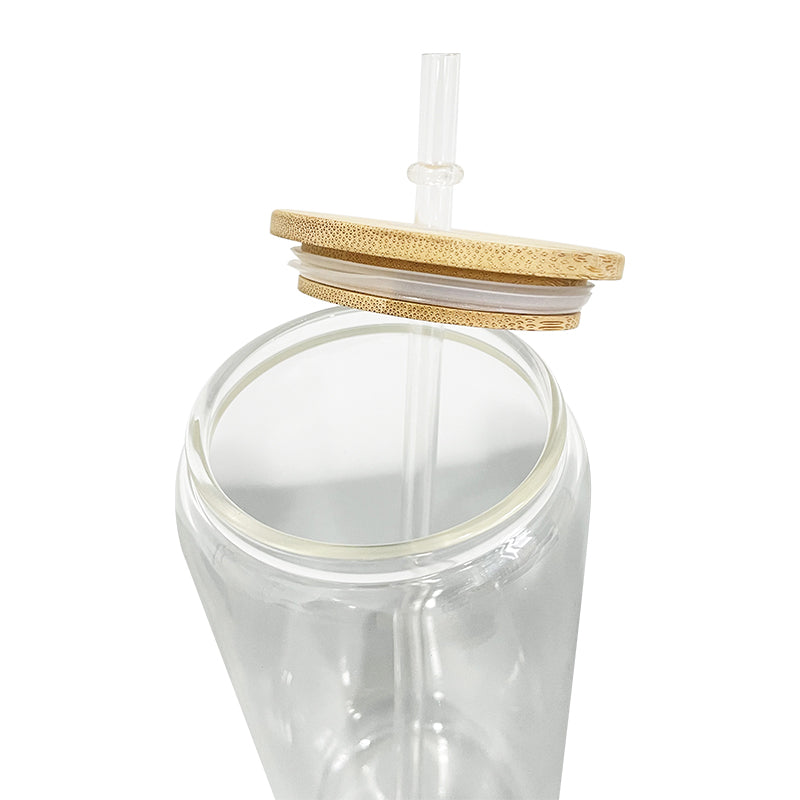 China RTS_12oz Sublimation Blanks Clear Frosted Beer Soda Glass Can With Bamboo Lid And Plastic Straw Sold By Case-GGblanks