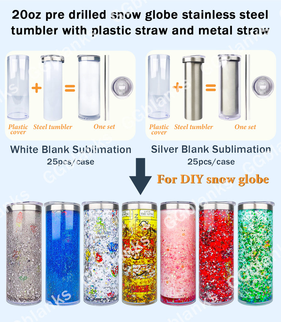 25 Pack 20oz Sublimation Blanks Pre Drilled Double Wall Snow Globe Storyboard Tumbler with Plug_GGblanks