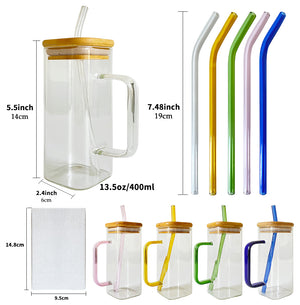 China RTS_13.5oz 400Ml Clear Square Glass Mug with Clored Handle with Bamboo Lid Sold by Case-GGblanks