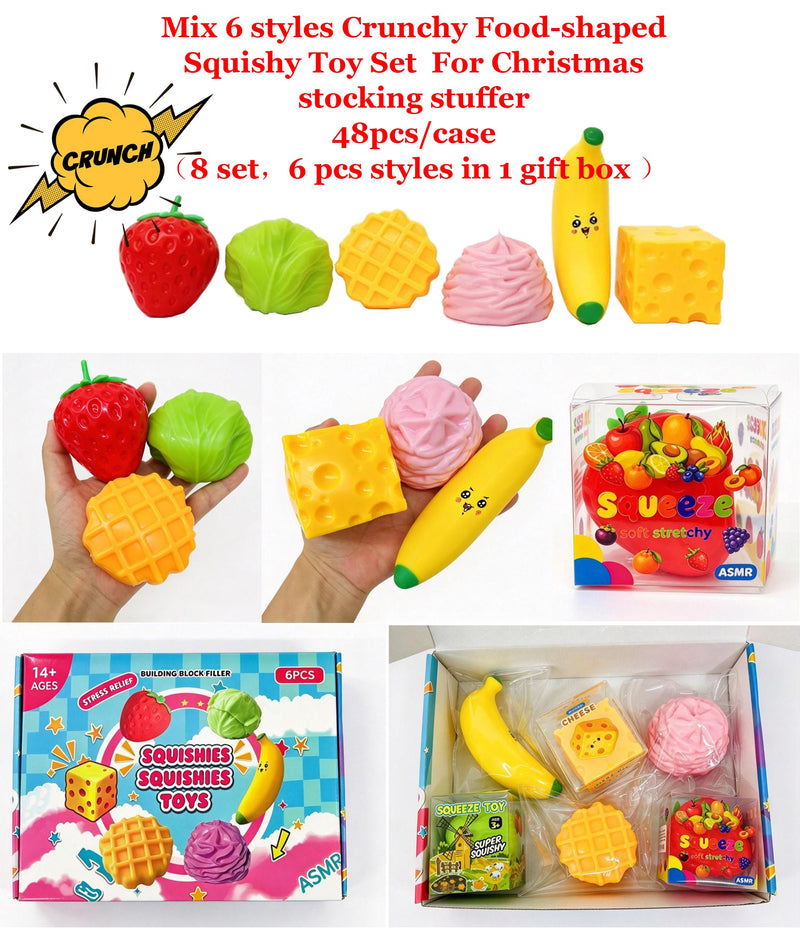 48pcs 6 in 1 Food-shaped Crunchy Squishy Toy gift Set For Christmas Stocking Stuffer_GGblanks