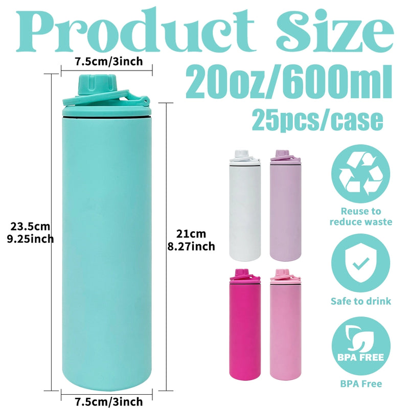 25 Pack Blank Macaron Sublimation 20oz Straight Sports Water Bottle with Two Lids_GGblanks