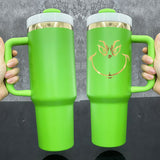 20 Pack USA Warehouse Mirror Gold Plated Christmas Green Powder Coated H2.0 40oz Tumblers with Grinch Laser_GGblanks