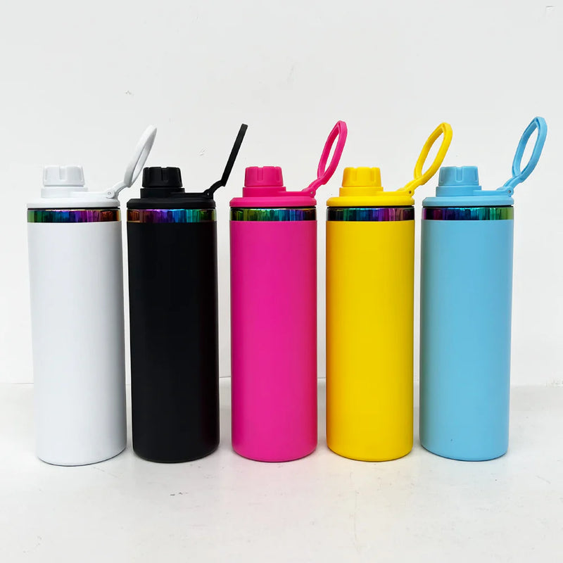 25 Pack 20oz Sports Lid Rainbow Underneath Powder Coat Straight Sports Water Bottles With 2 Lids_GGblanks