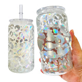 50 Pack USA RTS 16oz Clear Holographic Leopard Printed Glass cans with PP lids_GGblanks