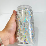 50 Pack USA RTS 16oz Clear Holographic Leopard Printed Glass cans with PP lids_GGblanks