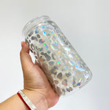 50 Pack USA RTS 16oz Clear Holographic Leopard Printed Glass cans with PP lids_GGblanks