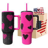 20 Pack USA RTS Hot Pink Black 40oz Sweet Heart Print/Football Diamond Bling Rhinestone Tumblers_GGblanks