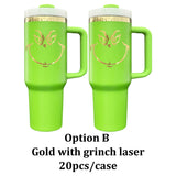 20 Pack USA Warehouse Mirror Gold Plated Christmas Green Powder Coated H2.0 40oz Tumblers with Grinch Laser_GGblanks