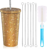 😍China RTS_16oz bling diamond-encrusted cup double-layer stainless steel straw cup stick drill rhinestone coffee cup