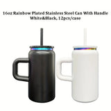 6pcs/12pcs 16oz Rainbow Plated Black&White Stainless Steel Can with Handle for Laser Engraving_GGblanks