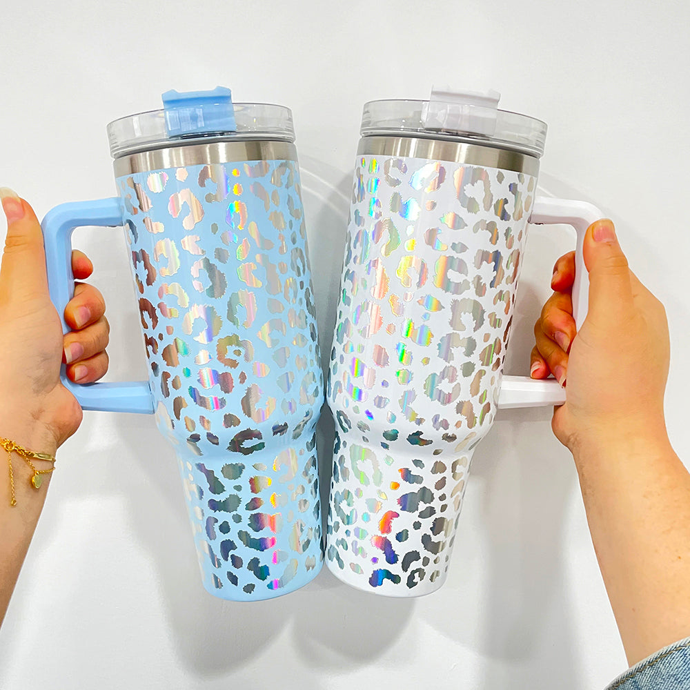40oz Handle Tumbler Large Capacity Straw Cups Laser Leopard