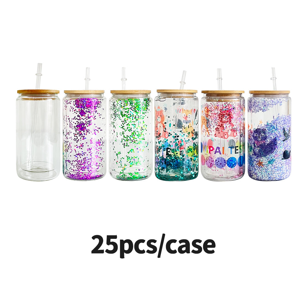 RTS 16oz Sublimation Ready Glass Can tumblers with bamboo lid and plastic  straw, Clear or Frosted, sublimation blank glass can cups