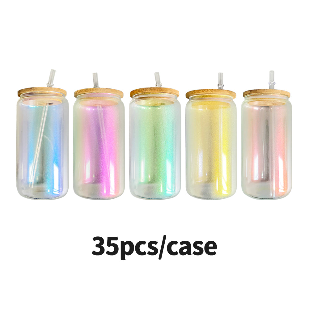 Sublimation Iridescent Glass Cans| Beer Cans with Bamboo Lid 16 oz