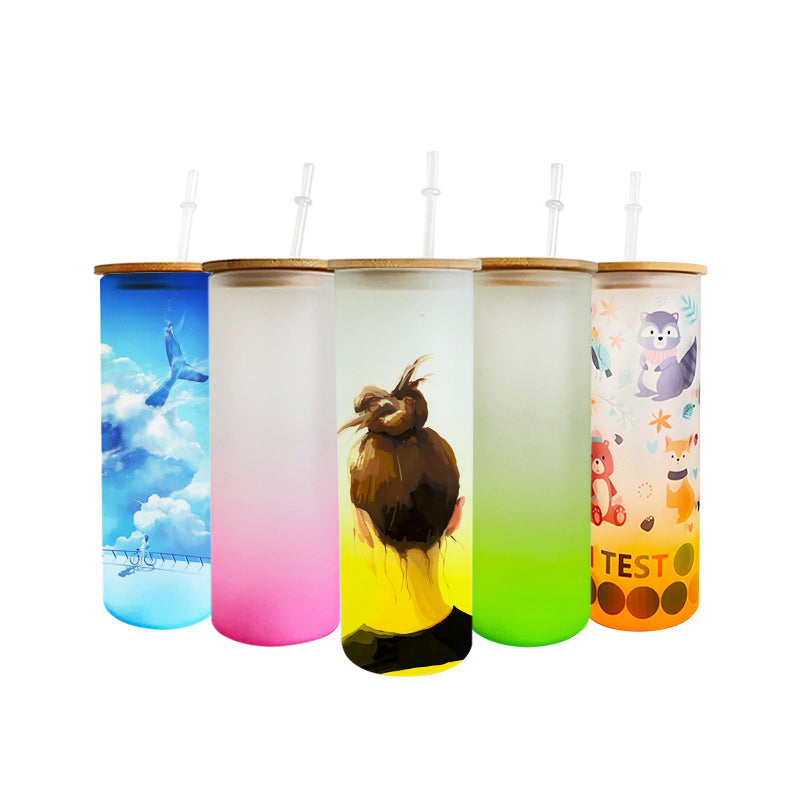 25oz frosted sublimation glass jar tumbler with bamboo lid, colored glass  tumbler, glass sublimation tumbler, frosted straight tumbler