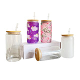 Blank Sublimation 16oz Clear Frosted Glasses with Bamboo Lid+Plastic Straw_GGblanks