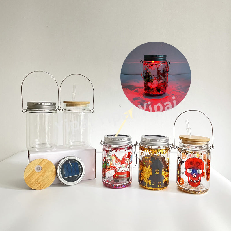 11oz Snow Globe Sublimation Clear Glass Solar Mason Jar Tumbler